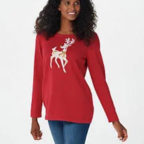 Quacker Factory Red Christmas Reindeer Sweater Large - Picture 1 of 8